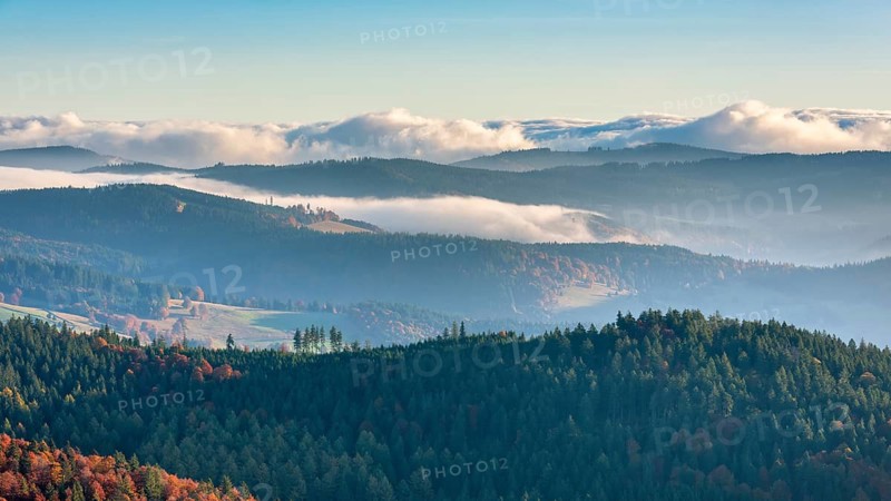 View from the summit of the Belchen (1414m) over the hills of the Black Forest in the morning light, fog in the valley, clouds moving over the mountains, Baden-Württemberg, Germany