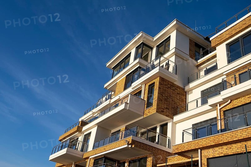 Modern apartment building with balconies, facade in detail, Waren, Müritz, Mecklenburg Lake District, Mecklenburg, Mecklenburg-Vorpommern, Germany