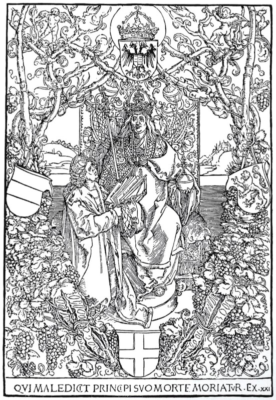 Illustration to the Quatuor libri amorum by Celtes, Celtes presents his work to the Emperor Maximilian, woodcut by Albrecht Dürer, historical, digitally improved reproduction of an old woodcut