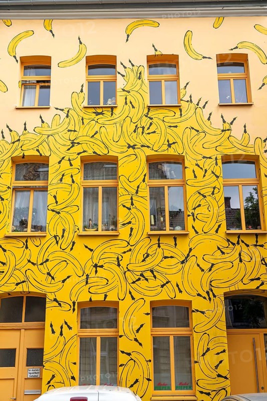The Banana House, designed by banana artist, Thomas Baumgärtel, Karlstraße, harbour district Duisburg-Ruhrort, North Rhine-Westphalia, Germany