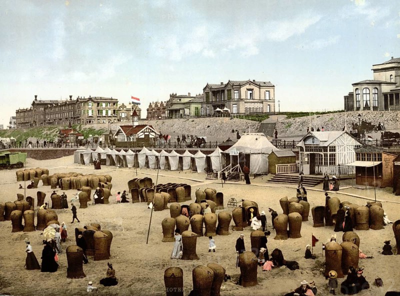 The beach and the hotels, Scheveningen, Holland, around 1895, Historical, digitally restored reproduction from a 19th century original, Record date not stated