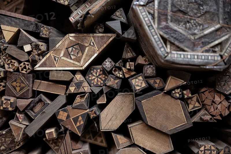Damascus, Syria. December 10th 2025. Various types and designs of wood used in the craft of Damascus wood mosaic, inside the workshop of Abu Toni in the Christian quarter of Old Damascus, Syria