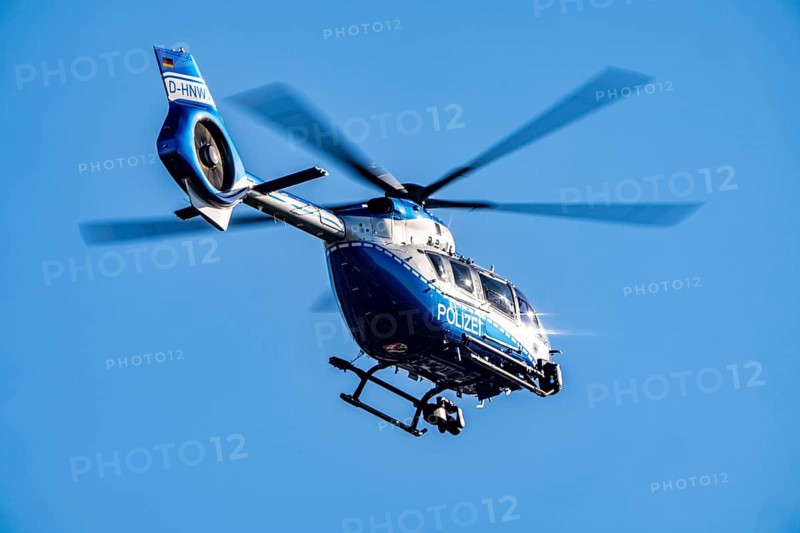 Police helicopter, Airbus Helicopters H145, the state police of North Rhine-Westphalia, after takeoff from Düsseldorf airport, police air squadron, call name Hummel-5