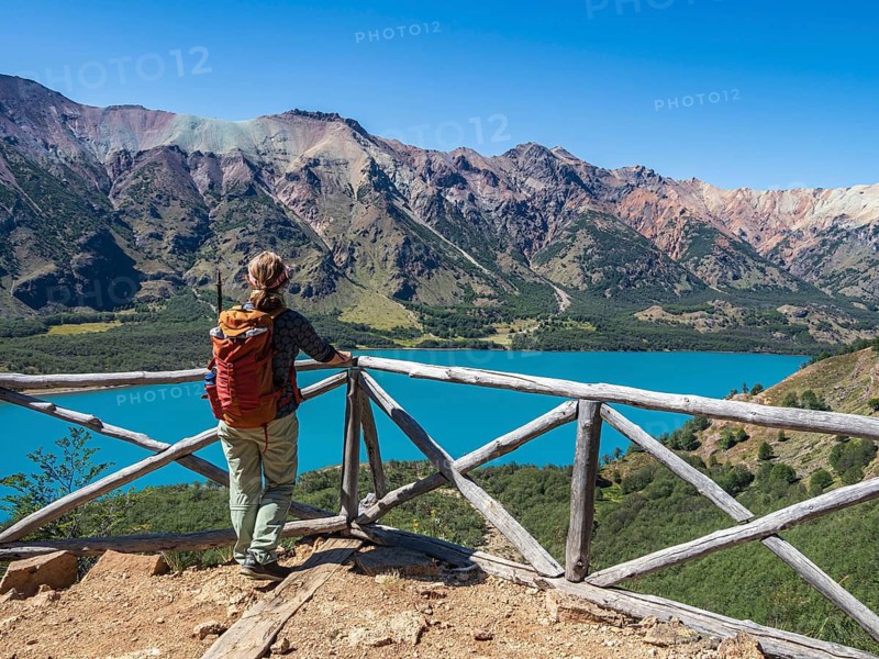 Lake Lago Jeinimeni, woman at viewpoint above the lake, Jeinimeni National Park, section of Park Patagonia, Patagonia, Chile