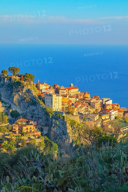 Castelmola village, high angle view, Castelmola, Taormina, Sicily, Italy