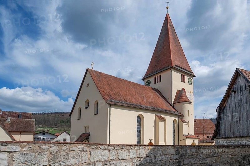 Historic Evangelical Lutheran fortified church of St Nicholas, Offenhausen, Middle Franconia, Bavaria, Germany