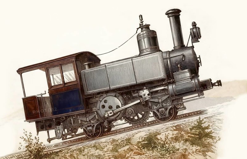 Historic illustration, 19th century, steam locomotive, rack railway, also rack-and-pinion railway, cog railway, or cogwheel railway, a steep grade railway with a toothed rack rail