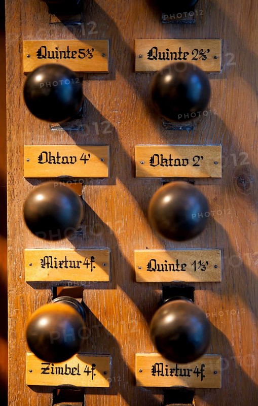 Combination pistons of a pipe organ, Organ Museum Borgentreich, Höxter district, North Rhine-Westphalia, Germany