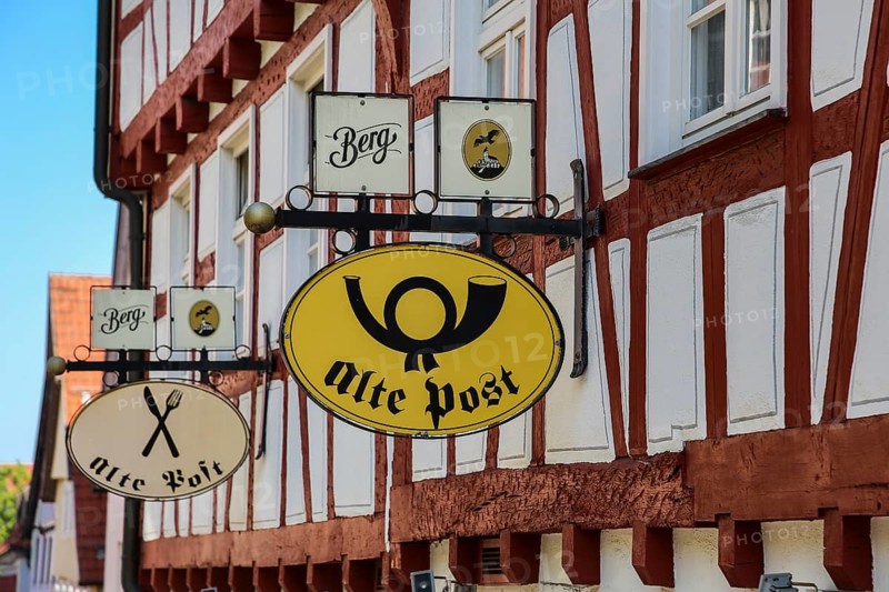 Inn sign, Alte Post restaurant, restaurant, building, window, half-timbered, historic building, architecture, Münsingen, Swabian Alb, Baden-Württemberg, Germany