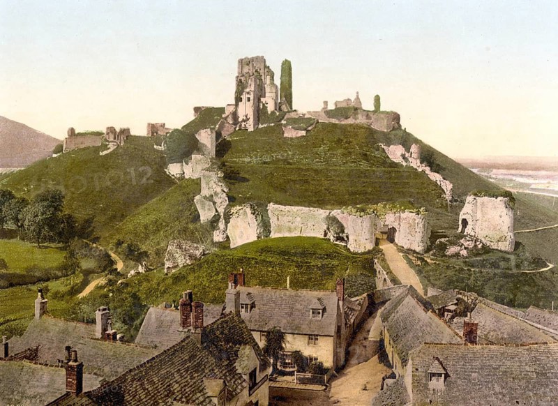 Corfe Castle is a village in the county of Dorset in England. It is situated on the River Corfe by the ruins of the historic Corfe Castle / Castle, Corfe Castle, England, Historic, digitally restored reproduction from a 19th century original, Record date not stated