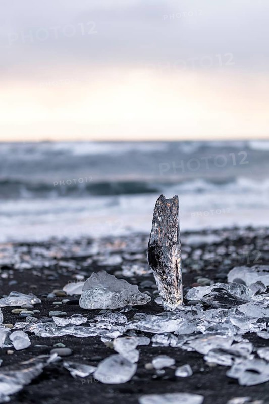 Glacial ice formations sparkle on a black sand beach in Iceland, captured in cool winter light. The serene coastal scene highlights the unique, wild beauty of nature