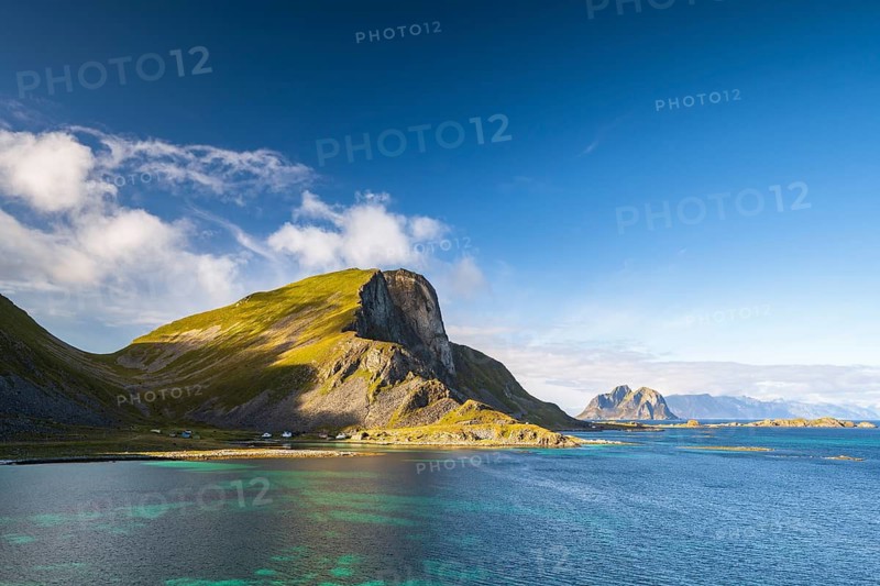 Mountains and coast of the island of Værøy, Vaeroy, Lofoten, Norway