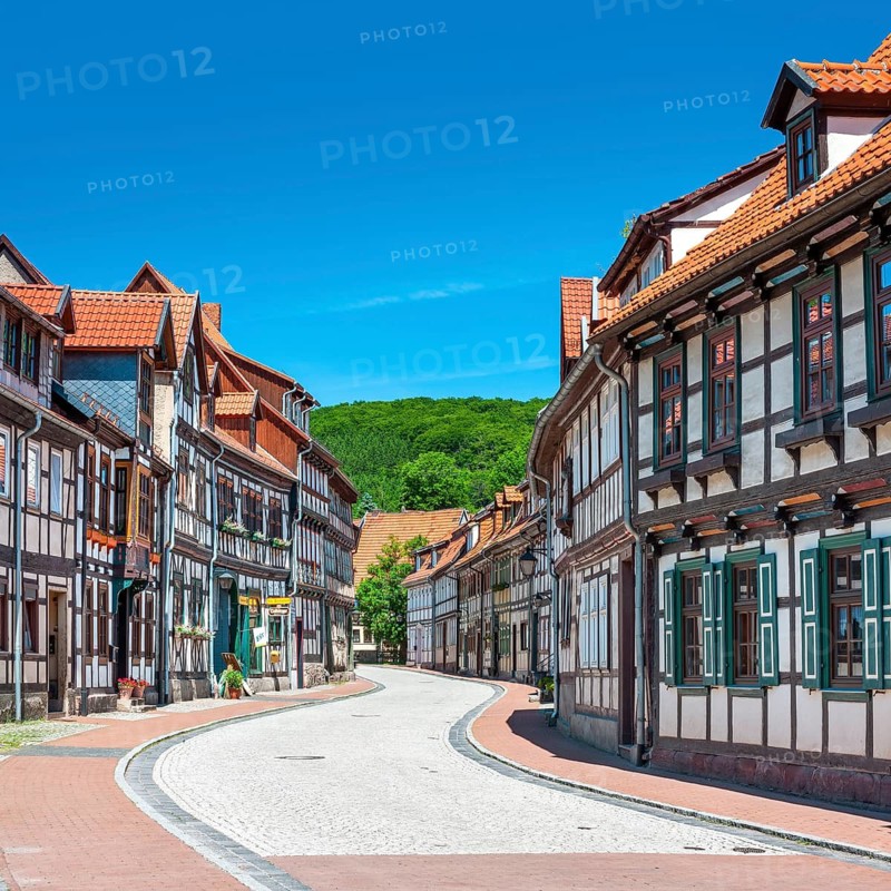 Street with half-timbered houses and cobblestones winds through the old town, Stolberg im Harz, Saxony-Anhalt, Germany