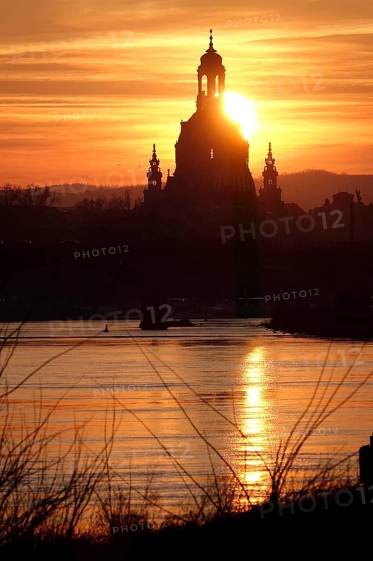 View of Church of Our Lady Dresden across the Elbe, sunset, winter, Saxony, Germany