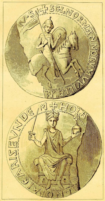 Seal of Norman William the Conqueror, William the Conqueror, victory at Hastings in 1066, front and back, king insignia, imperial orb, sword, royal crown, throne, rider, Norman period, England, Great Britain, steel engraving, historical illustration 1842