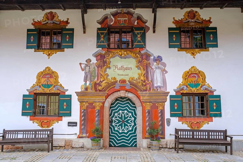 Lüftlmalerei, mock architecture, frescoed town hall, Ruhpolding, Chiemgau, Upper Bavaria, Bavaria, Germany