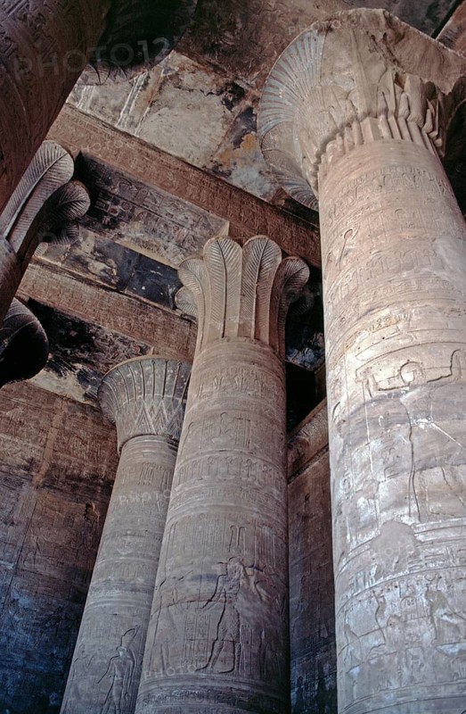 Hall of Columns, Horus Temple, Edfu, Nile Valley, Egypt, September 1989, vintage, retro, old, historical