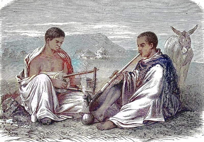 Abyssinia, Local peasants smoking a pipe and playing a musical instrument, 1869, Ethiopia, Historic, digitally restored reproduction of an original 19th century print, exact original date unknown