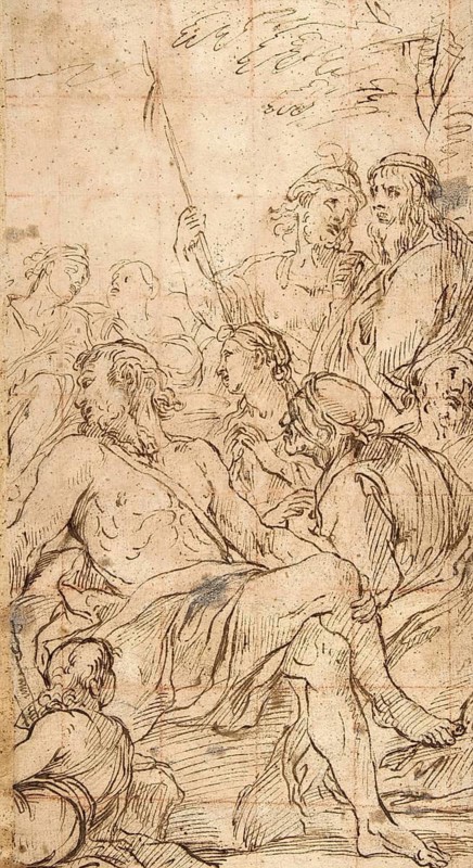Luca Giordano (b. 18 October 1634, d. 3 January 1705), known as Fa Presto. January 1705), called Fa Presto, Italian painter and etcher of the Baroque period, Fragment of a Composition with a Reclining Semi-Nude Man Surrounded by Soldiers and Other Onlookers in a Landscape (1634-1705), Fragment of a Composition with a Reclining Semi-Nude Man Surrounded by Soldiers and Other Onlookers in a Landscape (1634-1705), Painting, Reproduction of the painting in its original state, Work of art, Historical, Antique sketch of a dynamic group with a spear in the centre