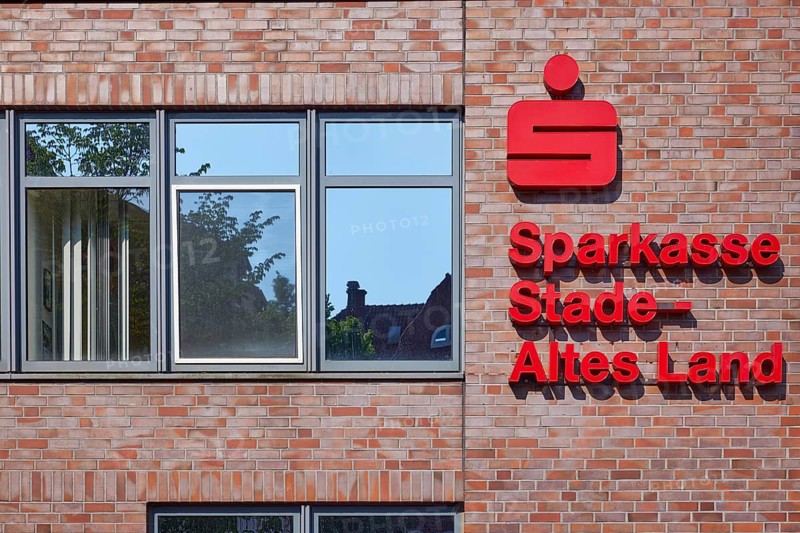 Logo and lettering of Sparkasse Stade-Altes Land on the facade of the branch in Stade, Hanseatic city, district of Stade, Lower Saxony, Germany