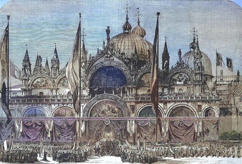 Funeral, transfer of the remains of Daniele Manin, 13 May 1804 to 22 September 1857, to Venice in 1869, Manin was instrumental in the 1848 revolution in Venice, Historical, digitally restored reproduction of a 19th century original, exact original date unknown