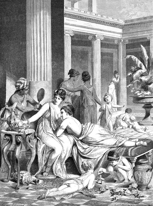 Morning scene in an ancient Greek women's peristyle