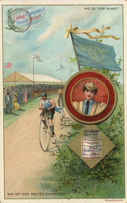 Picture series Riddle, where is the third cyclist, Liebig picture, digitally restored reproduction of a collector's picture from around 1900, public domain, exact date unknown, Victorian-style cycle race with spectators under tents and waving flags