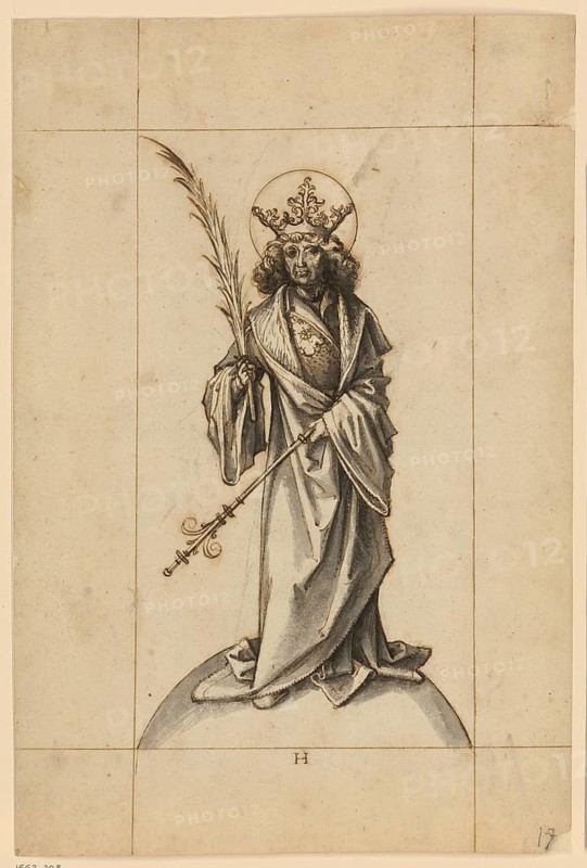 Historical drawing of St Christopher, a work from around 1500 depicting the saint standing on the globe, authentic reproduction of a work of art, painting, drawing by Hans Holbein the Elder (born 1465 in Augsburg, died 1524 in Basel or Isenheim), German Renaissance painter, historical