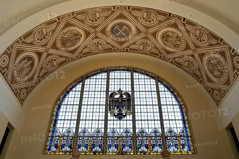 A stained glass window in the railway station with an imperial eagle is a reminder of the imperial era of Wilhelm II in Bad Homburg vor der Höhe, Hesse, Germany