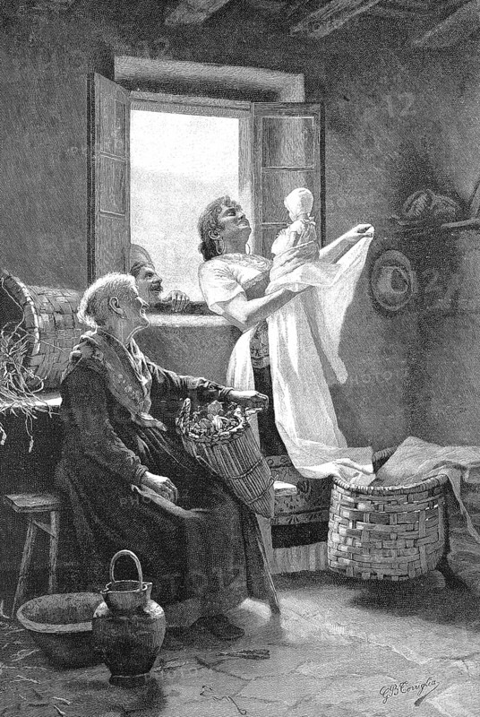The first-born, mother proudly holding up the baby, the grandmother observing the scene, Historic, digitally restored reproduction from a 19th century original, c. 1890, Record date not stated