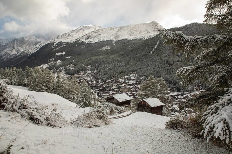 A picturesque view of Zermatt village in summer, surrounded by snow-covered mountains and lush forests in the Swiss Alps. The charming landscape captures rustic cabins and serene nature
