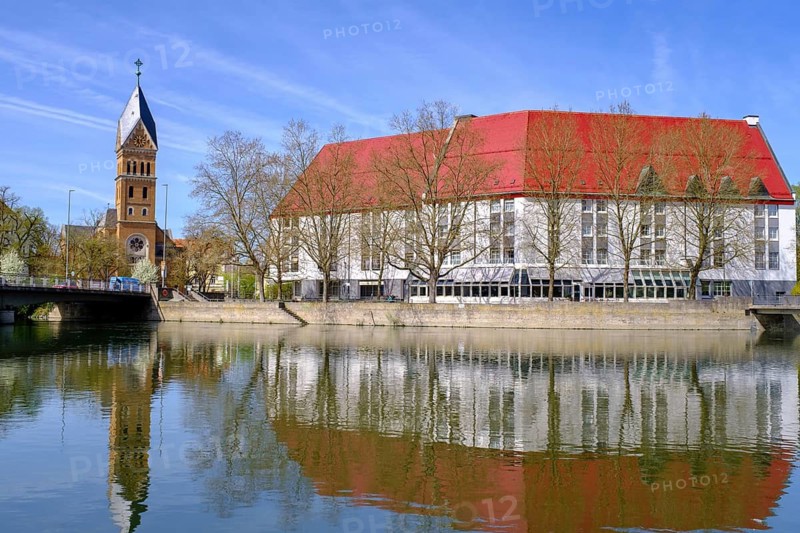Christuskirche and Achathotel an der Isar, Landshut, Lower Bavaria, Bavaria, Germany