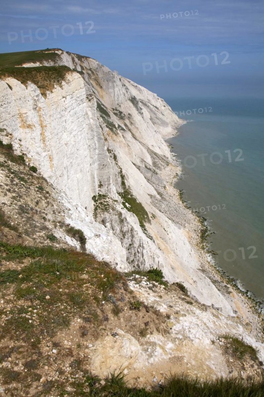 Steep chalk and flint cliffs at Beachy Head, East Sussex, England, a notorious suicide spot
