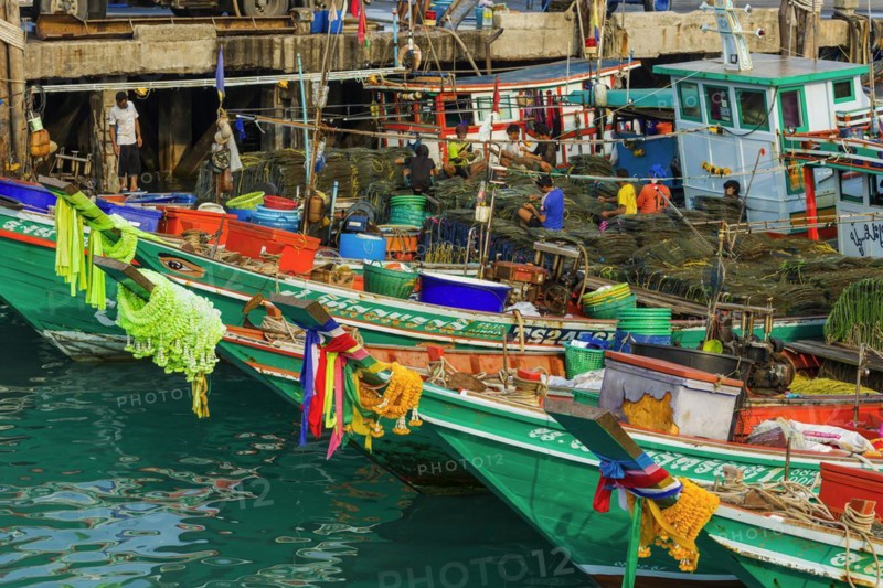 Colourful fishing boats, boat, ship, fishing boat, colourful, colourful, decorated, harbour, sea, seafaring, ocean, fisherman, work, tradition, wooden boat, fishing, fishing cutter, painted, profession, traditional, holiday, travel, tourism, fishing, island, holiday island, dock worker, Koh Samui, Thailand