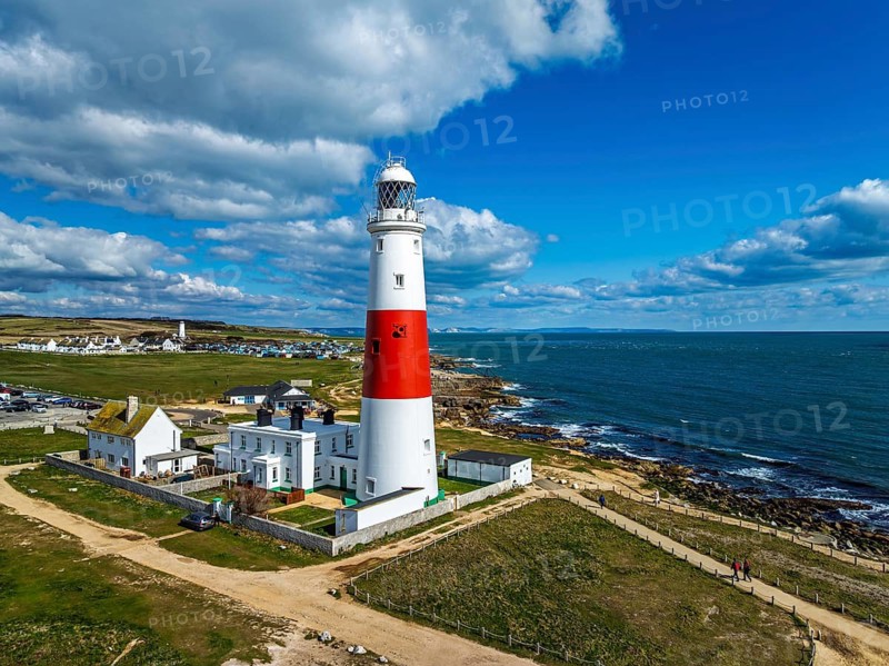 Portland Bill Lighthouse from a drone, Portland Bill, Isle of Portland, Dorset, England, United Kingdom