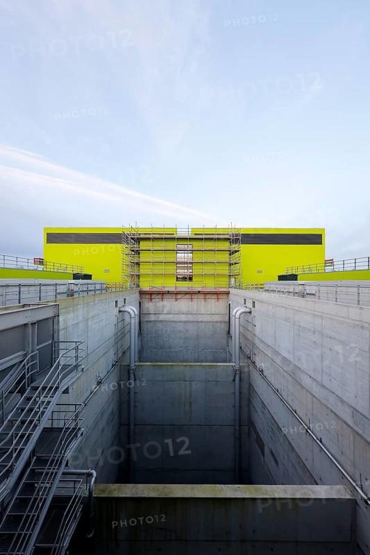 Oberhausen, Ruhr area, North Rhine-Westphalia, Germany - Emscher conversion, new Emscher AKE sewer, here the new Oberhausen pumping station, the ecological conversion of the Emscher system consists of the construction of a central wastewater treatment system in the Ruhr area, the construction of sewers and the renaturalisation of the Emscher and its tributaries