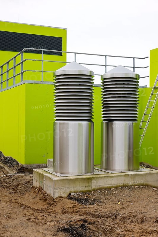 Oberhausen, Ruhr area, North Rhine-Westphalia, Germany - Emscher conversion, new Emscher AKE sewer, here the new Oberhausen pumping station, ventilation system, the ecological conversion of the Emscher system consists of the construction of a central wastewater treatment system in the Ruhr area, the construction of sewers and the renaturalisation of the Emscher and its tributaries