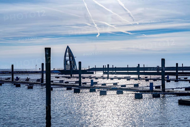 The East Frisian North Sea island of Juist in winter, empty sports harbour, lookout tower Seezeichen Juist, Lower Saxony, Germany
