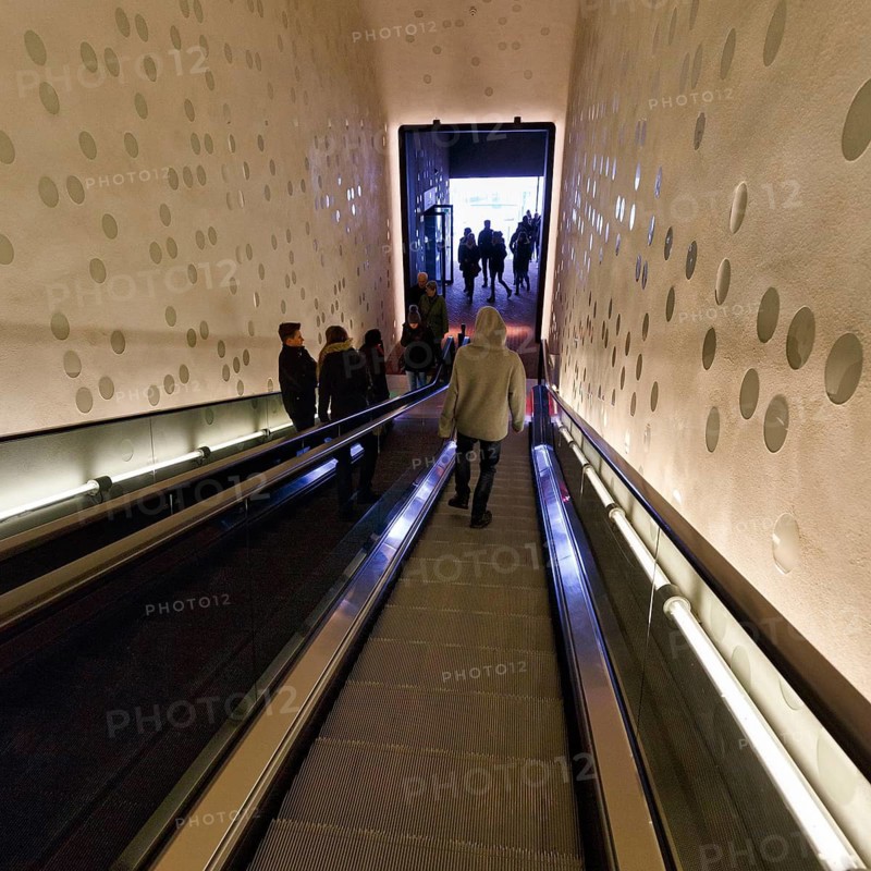 Young man on escalator, Elbphilharmonie concert hall, Hafencity, Hamburg, Germany