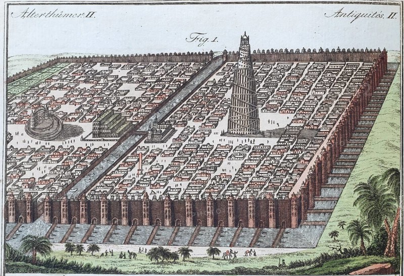 The city walls of Babylon, the seven wonders of the world, hand-coloured copperplate engraving from Friedrich Justin Bertuch's picture book for children, Vienna 1801