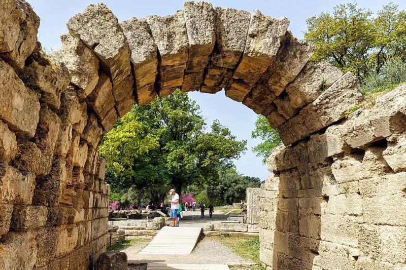 Monumental entrance to the stadium, crypt, arched walkway, birthplace of the Olympic Games, Olympic Stadium, ancient Olympia, archaeological site, UNESCO World Heritage Site, Elis, Peloponnese, Greece