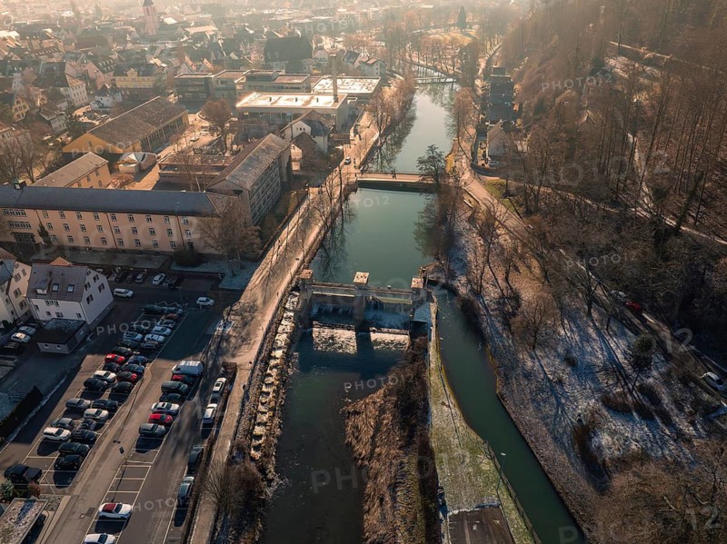 Overview of a town at dusk with river and bridge, aerial view, Nagold, Black Forest, Germany