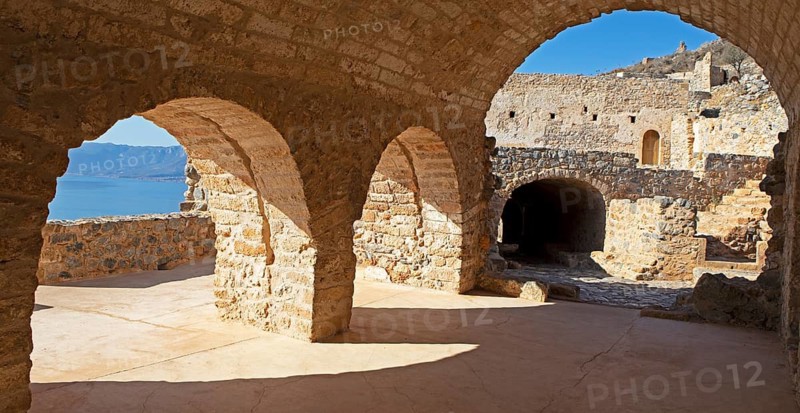 Byzantine castle town of Monemvasia, Monemvassia, Monemwassia, Monembasia, in the Myrtoan Sea, Laconia, Peloponnese, Greece