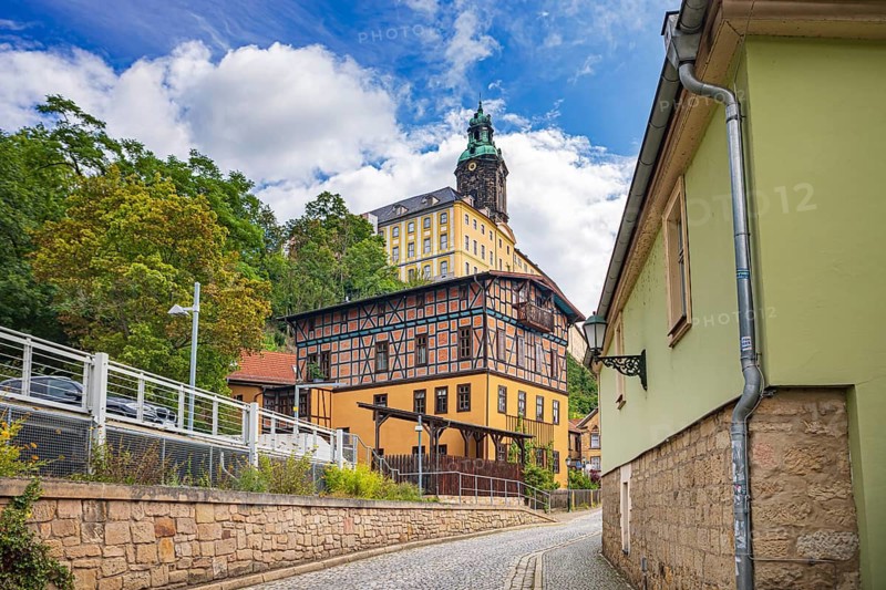 View of Heidecksburg Castle from Weinbergstraße in Rudolstadt, Thuringia, Germany