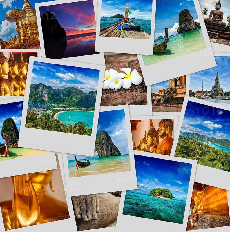 Thai travel tourism concept design, collage of Thailand images