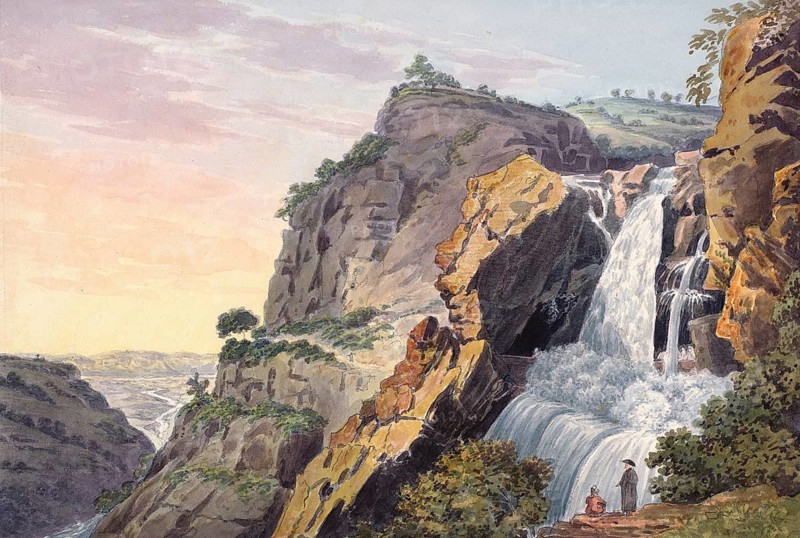 St Miguel del Fai waterfall near Barcelona, Spain, digital reproduction of a painting by Charles Hamilton Smith (1776-1859), historical