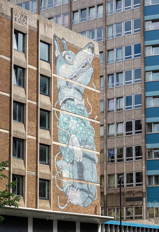 Graffiti mural artwork on building 'Wolf Boy' by Aryz, Nelson Street, Bristol, England, UK Created for 2011 See No Evil Festival