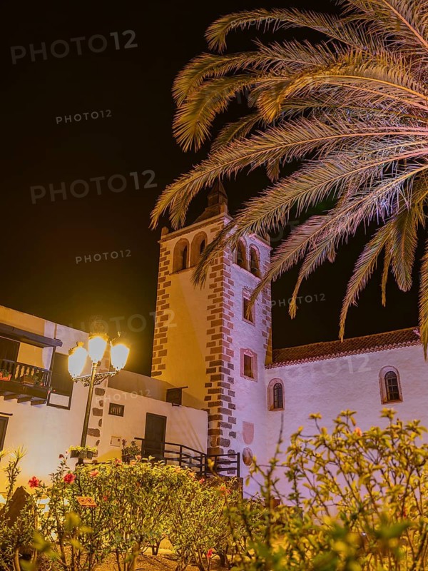 Illuminated view of the Santa Maria de Betancuria in Fuerteventura, showcasing its towering structure against a night sky, framed by palm trees and vibrant flowers