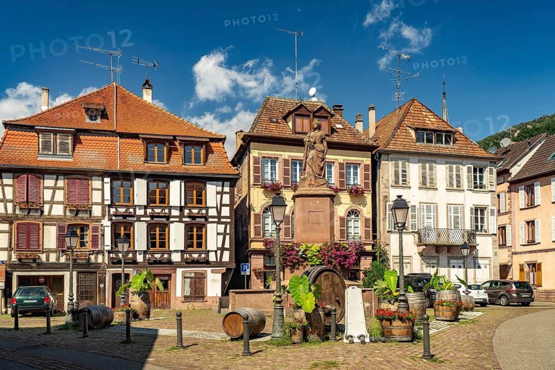 The Place de la Sinne square and Friedrichsbrunnen fountain with statue Ville de Ribeauvillé, Ribeauville, Alsace, France