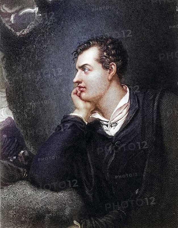 George Gordon, Lord Byron (1788-1824), English romantic poet of Scottish origin. Copper engraving after the portrait by Richard Westall, Historic, digitally restored reproduction from a 19th century original, Record date not stated